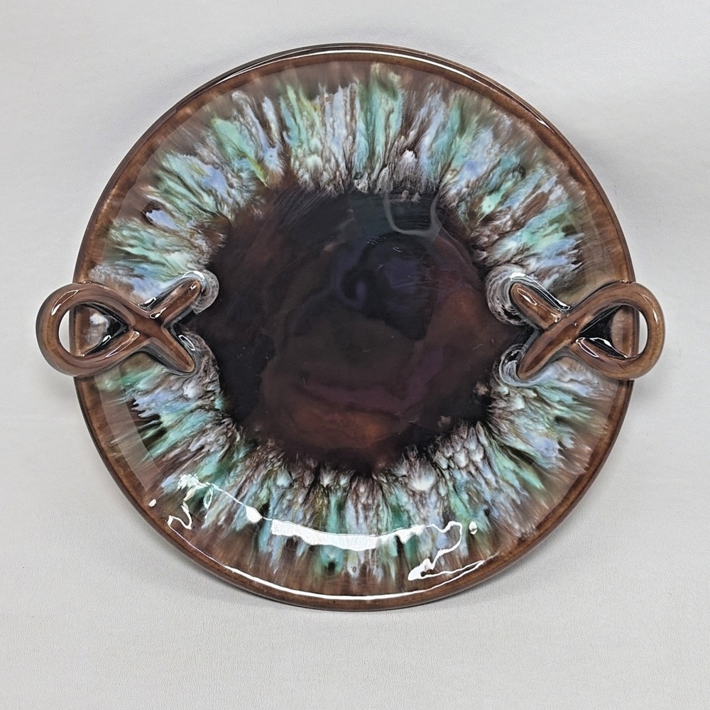 Vintage Austrian Brown Blue Drip Glaze Ceramic Serving Plate Infinity Handles